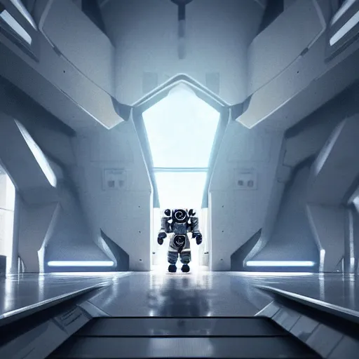 Image similar to beautiful portrait of a mecha astronaut walking up the stairs of heaven alone, octane render, trending on artstation, hyperrealistic, character photography