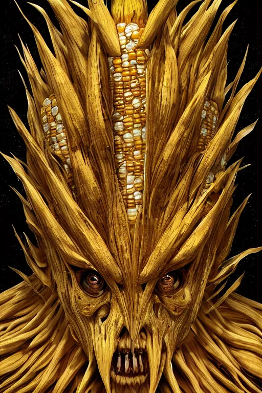 Image similar to corn humanoid figure monster, symmetrical, highly detailed, digital art, sharp focus, trending on art station, amber eyes