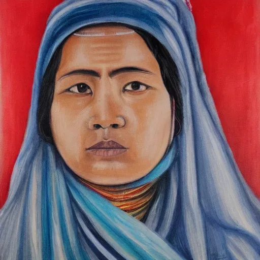 Image similar to a nepali woman wearing a white shawl, sad, bloody, oil painting