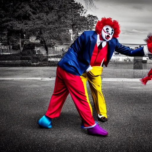 Prompt: a man slapping a clown after being insulted , XF IQ4, 150MP, 50mm, f/1.4, ISO 200, 1/160s, natural light, Adobe Photoshop, Adobe Lightroom, DxO Photolab, polarizing filter, Sense of Depth, AI enhanced, HDR