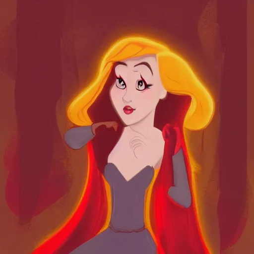 Image similar to a photo of a young woman. moody and melanchonic. disney artstyle. red, yellow