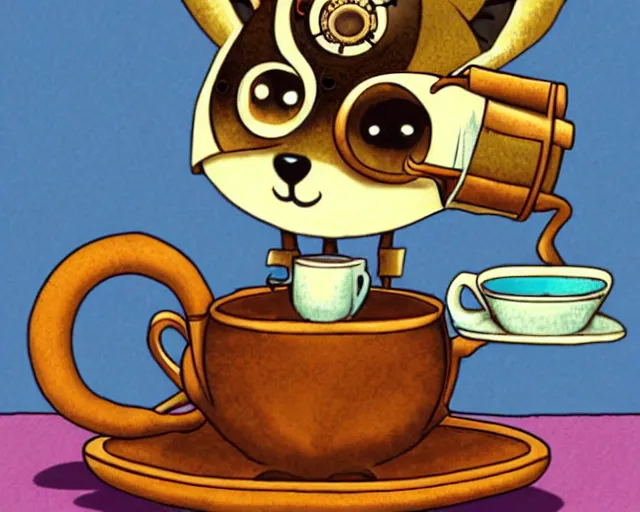 Image similar to an steampunk lemur having a cup of tea, by jim woodring