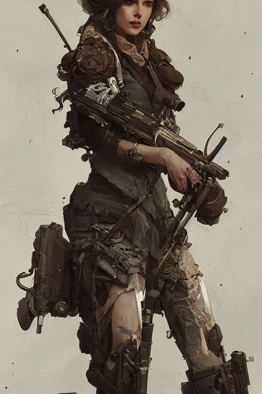 Image similar to A full portrait of a beautiful post apocalyptic offworld arms dealer, intricate, elegant, highly detailed, digital painting, artstation, concept art, smooth, sharp focus, illustration, art by Krenz Cushart and Artem Demura and alphonse mucha