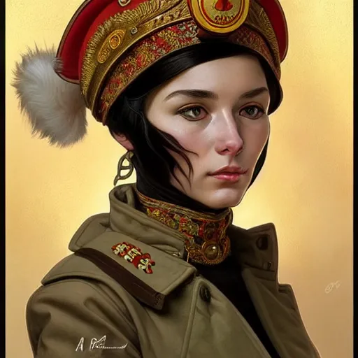 Image similar to a portrait of a female cat soviet officer, upper half portrait, decorated with soviet motifs, intricate, elegant, highly detailed, symmetry, headpiece, digital painting, artstation concept art smooth sharp focus, illustration, art by artgerm and greg rutkowski alphonse mucha 8 k