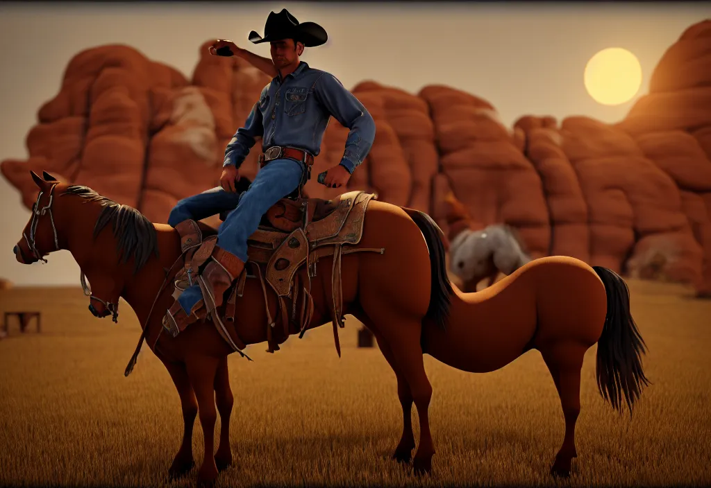 Image similar to cowboy dream, masterpiece. rendered in blender, ultra realistic, smooth shading, ultra detailed, high resolution, cinematic, unreal 6