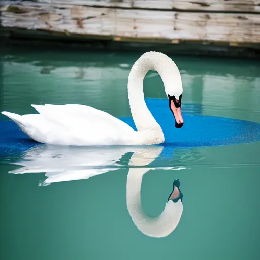 Image similar to a photo of a swan pulling a container and swimming in a blue lake, canon eos r 3, f / 1. 4, iso 2 0 0, 1 / 1 6 0 s, 8 k, raw, unedited, symmetrical balance