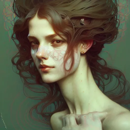 Image similar to A girl wearing psilocybin, face, detailed, intricate, elegant, highly detailed, digital painting, artstation, concept art, smooth, sharp focus, illustration, art by Krenz Cushart and Artem Demura and alphonse mucha