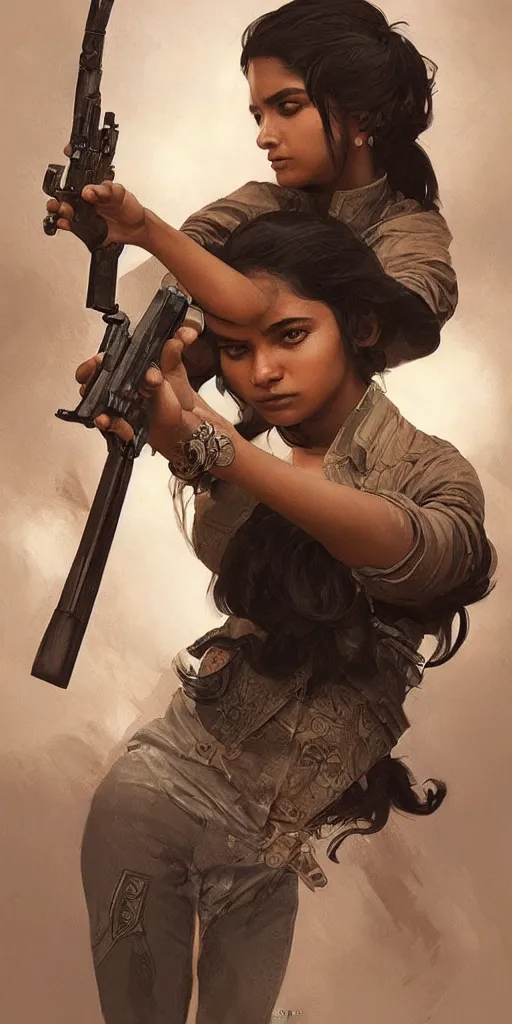 Image similar to sri lankan girl with a gun, angery emotion, intricate, elegant, highly detailed, digital painting, artstation, concept art, smooth, sharp focus, illustration, art by artgerm and greg rutkowski and alphonse mucha