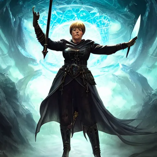 Image similar to Angela Merkel casting epic spell, magic the gathering artwork, D&D, fantasy, cinematic lighting, centered, symmetrical, highly detailed, digital painting, artstation, concept art, smooth, sharp focus, illustration, volumetric lighting, epic Composition, 8k, art by Akihiko Yoshida and Greg Rutkowski and Craig Mullins, heroic pose, oil painting, cgsociety, magic lab background