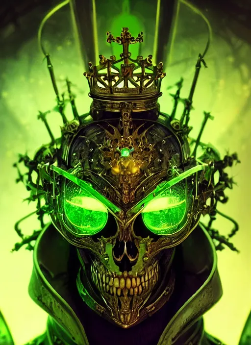 Image similar to closeup portrait shot of the king of the cyber skeletons with a crown of swords, glowing green, intricate, elegant, highly detailed, centered, digital painting, artstation, concept art, smooth, sharp focus, warframe, illustration, anders zorn, tomasz alen kopera, peter mohrbacher, donato giancola, leyendecker, boris vallejo