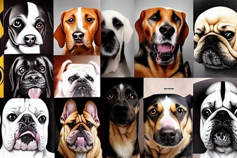 Prompt: dogs with human dictators faces by carlos botelho