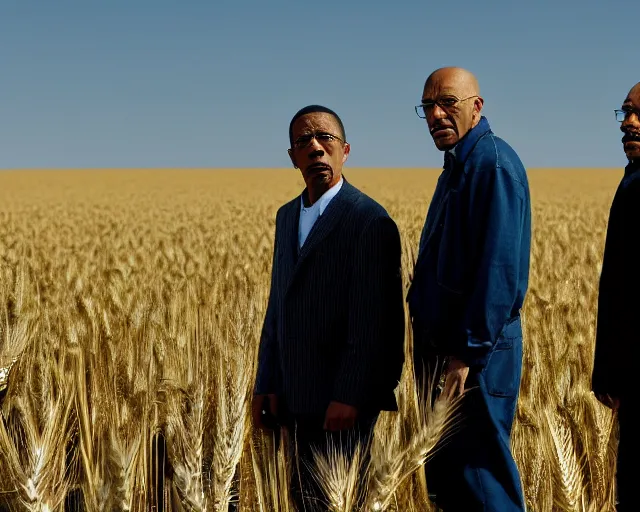 Image similar to extreme long shot of walter white and gustavo fring standing in front of each other from a distance in a wheat field, low angle, side view, 3 5 mm photograph, 8 k resolution, wide shot, sharp lens