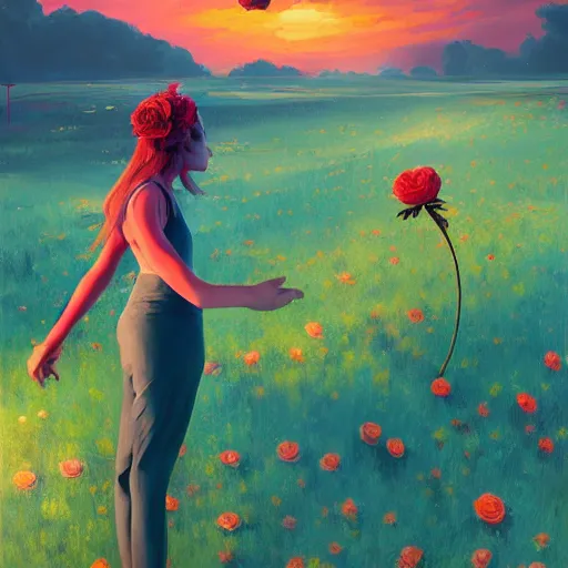 Image similar to portrait, giant rose flower head, girl dancing in a suit, surreal photography, sunrise, blue sky, dramatic light, impressionist painting, digital painting, artstation, simon stalenhag