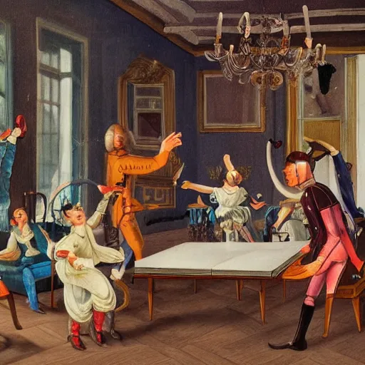 Prompt: group of cyborgs dancing in a 1 8 th century room, one cyborg eating snacks close to camera, city outside large windows, daytime, happy, cables everywhere, wooden parquet, old furniture, cute, childrens book illustration