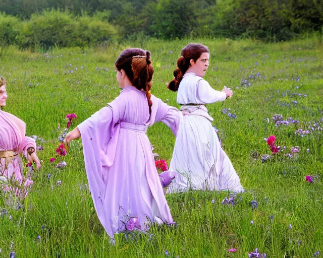 Prompt: a photo of princess leia, padme amidala, and rei skywalker, as children, playing in the fields of naboo, outdoor, grass field, wild flowers, by cameldeath