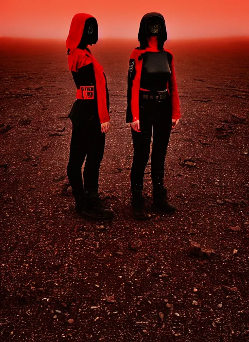 Image similar to cinestill 5 0 d photographic portrait of two loving female androids wearing rugged black techwear on a desolate plain with a red sky, extreme closeup, lizard on ground, cyberpunk style, in front of a brutalist dark metal facility, dust storm, 8 k, hd, high resolution, 3 5 mm, f / 3 2, ultra realistic faces