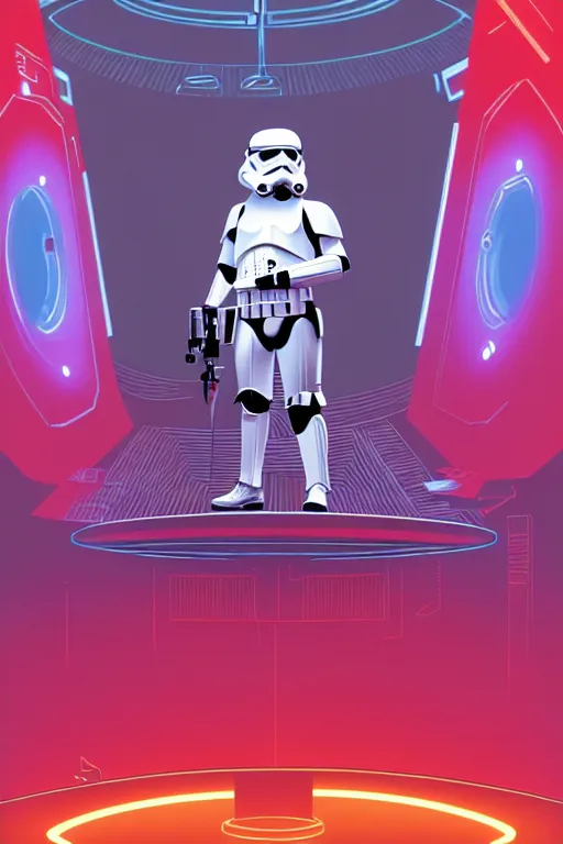 Image similar to closeup portrait of stormtrooper dj standing on a giant science fiction turntable in a dj booth, syd mead, dan mumford, moebius, detailed illustration, digital art, neon, isometric, symmetrical, comic book