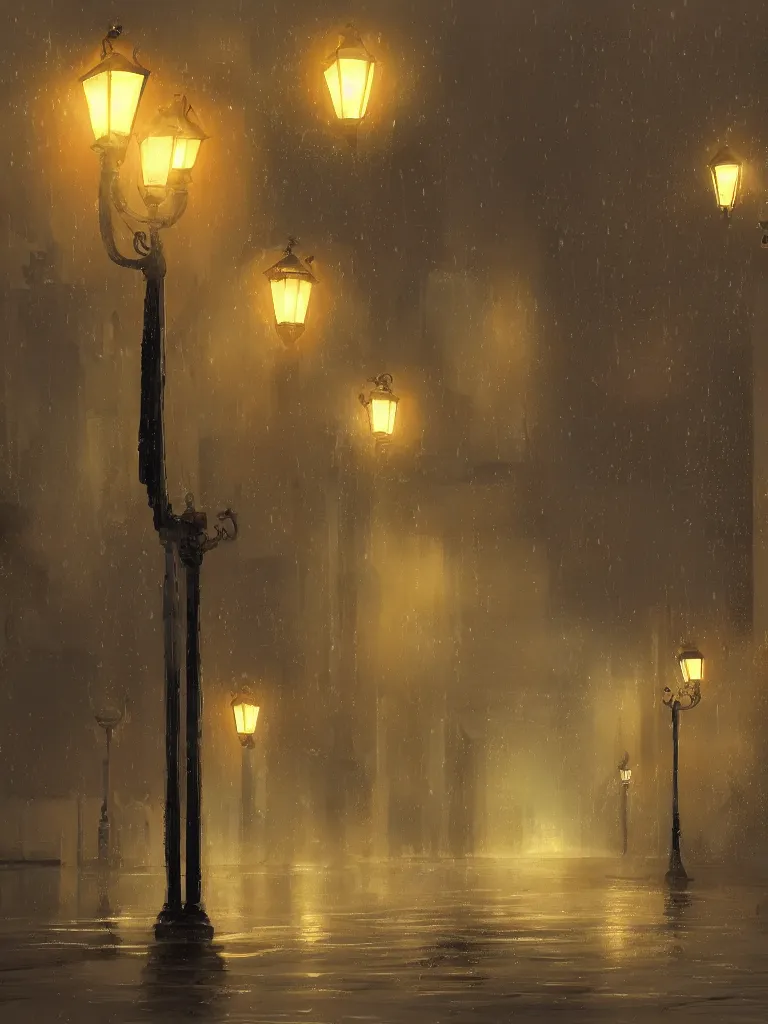 Image similar to street lamps shining though the rain by disney concept artists, blunt borders, rule of thirds