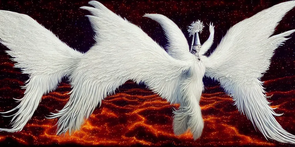 Image similar to highdetailed hyperrealistic painting of white wingsl!!!, white sparkles, 4 k hd fur, big wings, by jan van eyck, pattern, holography space, glow effect, large strokes, white monochrome color!!!!!