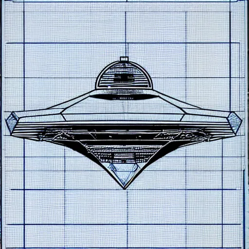 Prompt: a detailed blueprint of an advanced UFO spacecraft, blue lines, high contrast