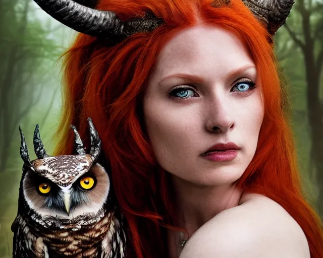 Image similar to 5 5 mm portrait photo of an armored gorgeous anesthetic redhead woman warrior with a face tattoo and horns growing from her head, and owl sitting on her shoulder in a magical forest in the style of stefan kostic, art by luis royo. highly detailed 8 k. intricate. lifelike. soft light. nikon d 8 5 0. cinematic post - processing