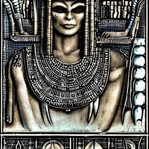 Image similar to very precise tarots in egyptian giger style