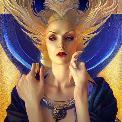 Image similar to a woman with blue and gold hair, an art deco painting by art of brom and karol bak and aurel bernath, featured on behance and cgsociety, fantasy art, gothic art, poster art, art deco, tarot card, pre - raphaelite