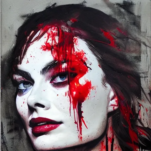 Image similar to portrait of margot robbie with two faces covered with red dripping paint, artwork by guy denning and charlie bowater,