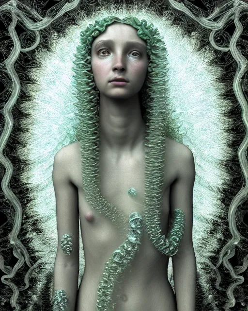 Prompt: surreal mythical dreamy underwater artistic bw 3 d render of a translucent beautiful young female angelic - medusa - vegetal - cyborg covered with fish scales and algae, highly detailed, intricate crystal ivy jelly fish scales ornate, poetic, octane render, 8 k, photo - realistic, by diane arbus in the style of gustave dore and pre - raphaelites