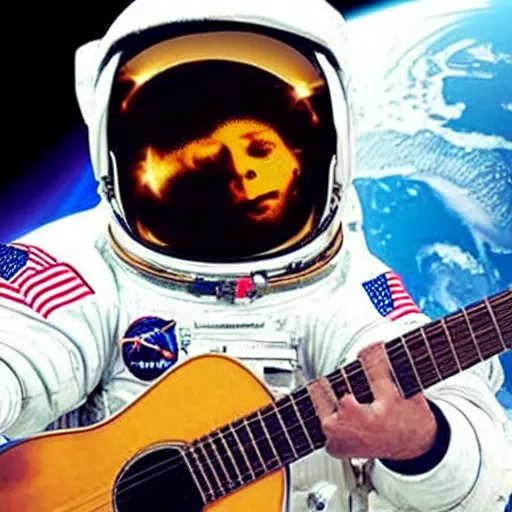 Prompt: astronaut chilling holding a beer with a guitar beside him. detailed photo.