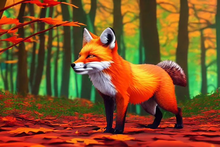 Image similar to super detailed color lowpoly art, red fox in an autumn maple forest, unreal engine, retrowave color palette, 3 d render, lowpoly, colorful, digital art, perspective