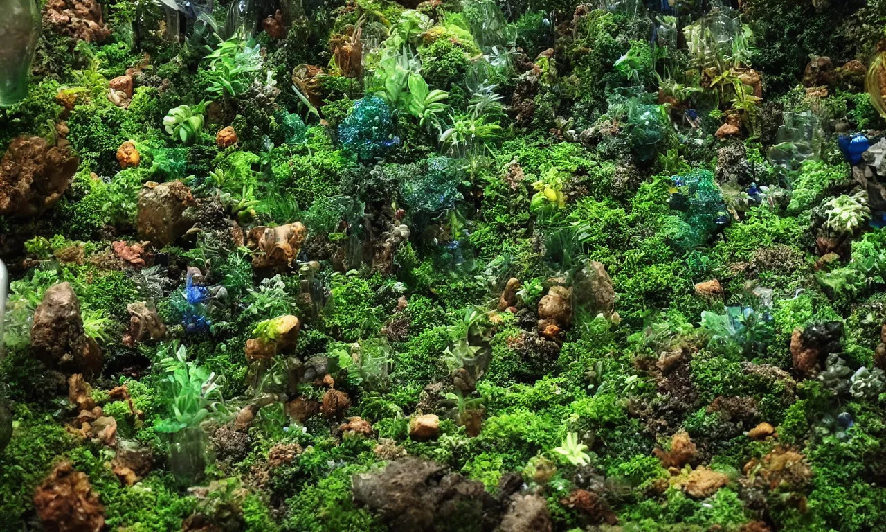 Image similar to terrarium worlds made of lush rainforests in mccartney bottles 8 k /