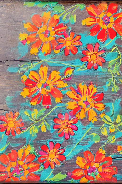 Image similar to beautiful colorful slavic floral pattern painted in acrylic on reclaimed wood