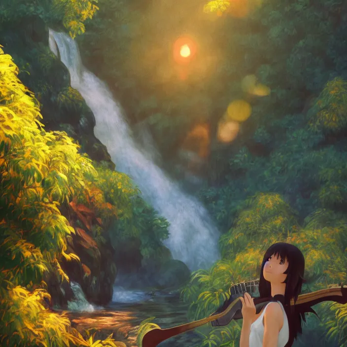 Image similar to an epic makoto shinkai and renoir landscape of a hawaiian waterfall, golden hour, 🌺. a brown haired woman playing a guitar. ultra smooth, lois van baarle, ilya kuvshinov, unreal engine, blender, trending on artstation, suntur, caleb worcester, highly detailed, photorealism, bloom effect 8 k