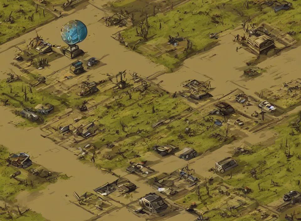 Prompt: Screenshot of a abandoned dead cornfield with a road going across it in Fallout 2 (1998), isometric perspective, postapocalyptic, bird's eye view, prerendered isometric graphics, high quality