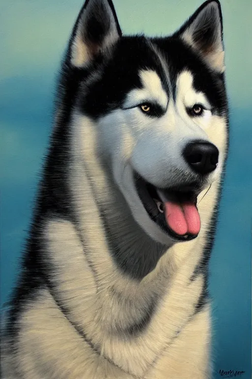 Image similar to portrait painting of a husky wearing a white vest