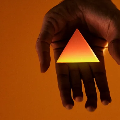 Image similar to an open hand facing up, a tiny glowing pyramid is floating slightly above the palm of the hand