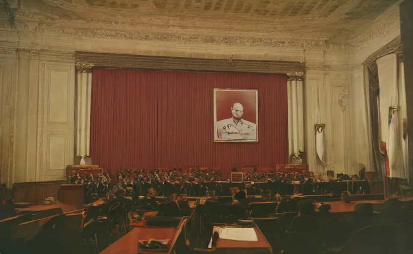 Prompt: 60s movie still of a stalinist style parlement with a giant portrait of Lenin, by Irving Penn , cinestill 800t 35mm eastmancolor, heavy grainy picture, very detailed, high quality, 4k, HD criterion, precise texture