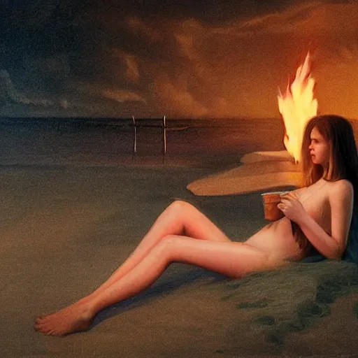 Prompt: Elle Fanning resting at a cult bonfire at night in the world of Edward Hopper, stormy weather, beach, extremely detailed masterpiece, oil on canvas, low-key neon lighting, artstation, Blade Runner 2049, Roger Deakin’s cinematography, by J. C. Leyendecker and Peter Paul Rubens,