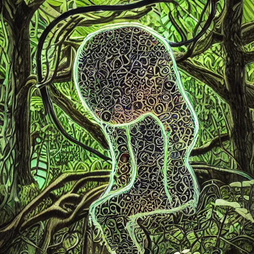Prompt: Electronic The Thinker Sculpture covered in mushrooms & peyote & ayahuasca vines, sitting in a dense luscious forest, ink sketch, Naturalist