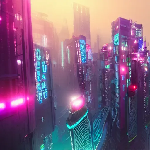 Prompt: « a big cyberpunk city with plants on the sides of buildings, pink and blue neon, blade runner, tall skyscraper, sunrise, highly detailed, photorealistic, unreal engine 5, sharp focus, glowing lights, view from the the ground watching the top »