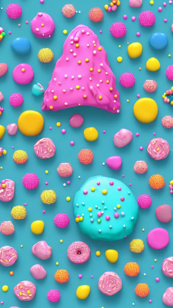 Prompt: a cute mountain covered in sprinkles, vibrant colors, pink frosted donut, cute 3 d render, candyland, highly detailed,