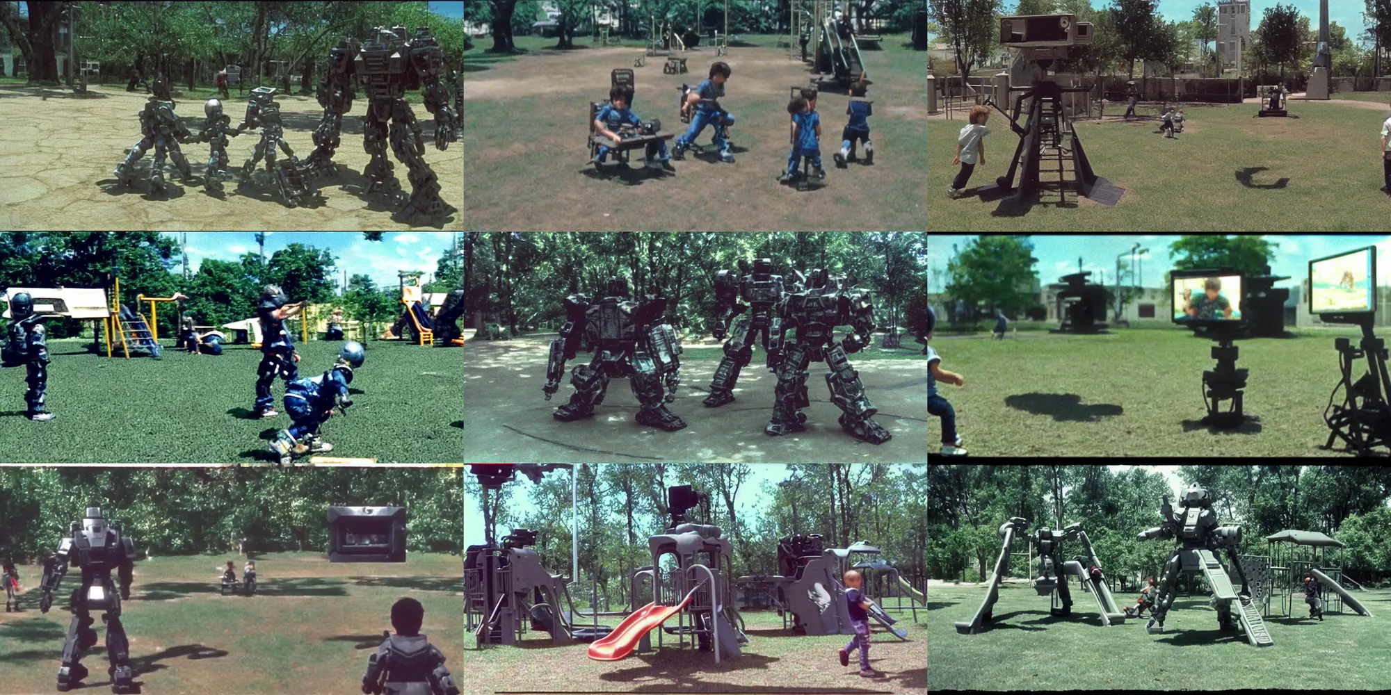 Prompt: home video footage, armored core v playing in the playground, summer. color vhs picture quality with mixed noise, filmed by dad.