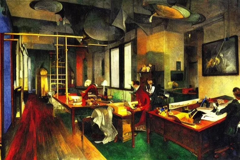 Prompt: a busy office, glowing with silver light, color by Franz Marc, highly detailed architecture by Jean-Léon Gérôme, by Winsor McCay, today's featured photograph, 16K