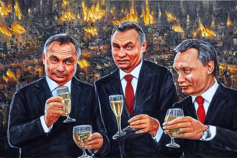 Image similar to viktor orban drinking champagne with putin in front a burning city, highly detailed face, oil painting