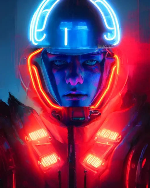 Image similar to detailed full body Blue Neon Emperor Nero, cyberpunk futuristic neon, reflective red coats, decorated with traditional Rome ornaments by Ismail inceoglu dragan bibin hans thoma greg rutkowski Alexandros Pyromallis Nekro Rene Maritte Illustrated, Perfect face, fine details, realistic shaded, fine-face, pretty face