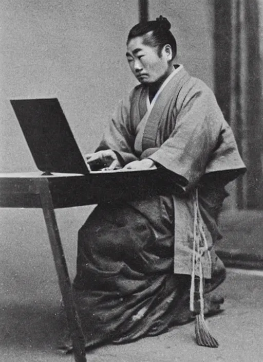 Image similar to old photo of Japanese samurai using a laptop computer