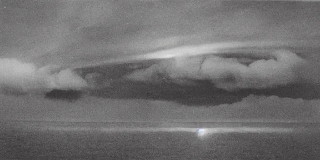 Prompt: vintage analog photograph of a beautiful nuclear fusion explosion over the ocean, large smoke clouds, depth of field, glair, heavy film grain, red color bleed, rich azure tones