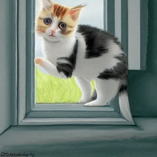 Image similar to cute calico kitten looking out of the window on a [ [ [ [ beautiful ] ] ] ] summer day, storybook art, detailed, cute, profile shot, featured on artstationg, gorgeous!!!