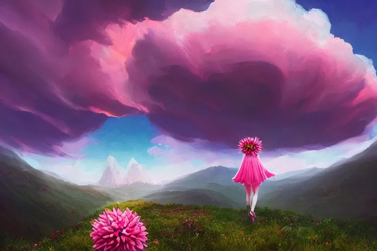 Image similar to giant dahlia flower crown under head, girl walking on mountain, surreal photography, pink storm clouds, dramatic light, impressionist painting, digital painting, artstation, simon stalenhag